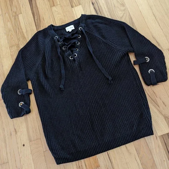 Love + Harmony V-Neck Long Sleeve Lace Up Sweater Cable Knit Black XS/S - Picture 4 of 9